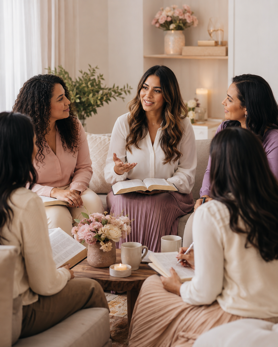 Encontro de mulheres cristãs com Bíblias, cadernos e café