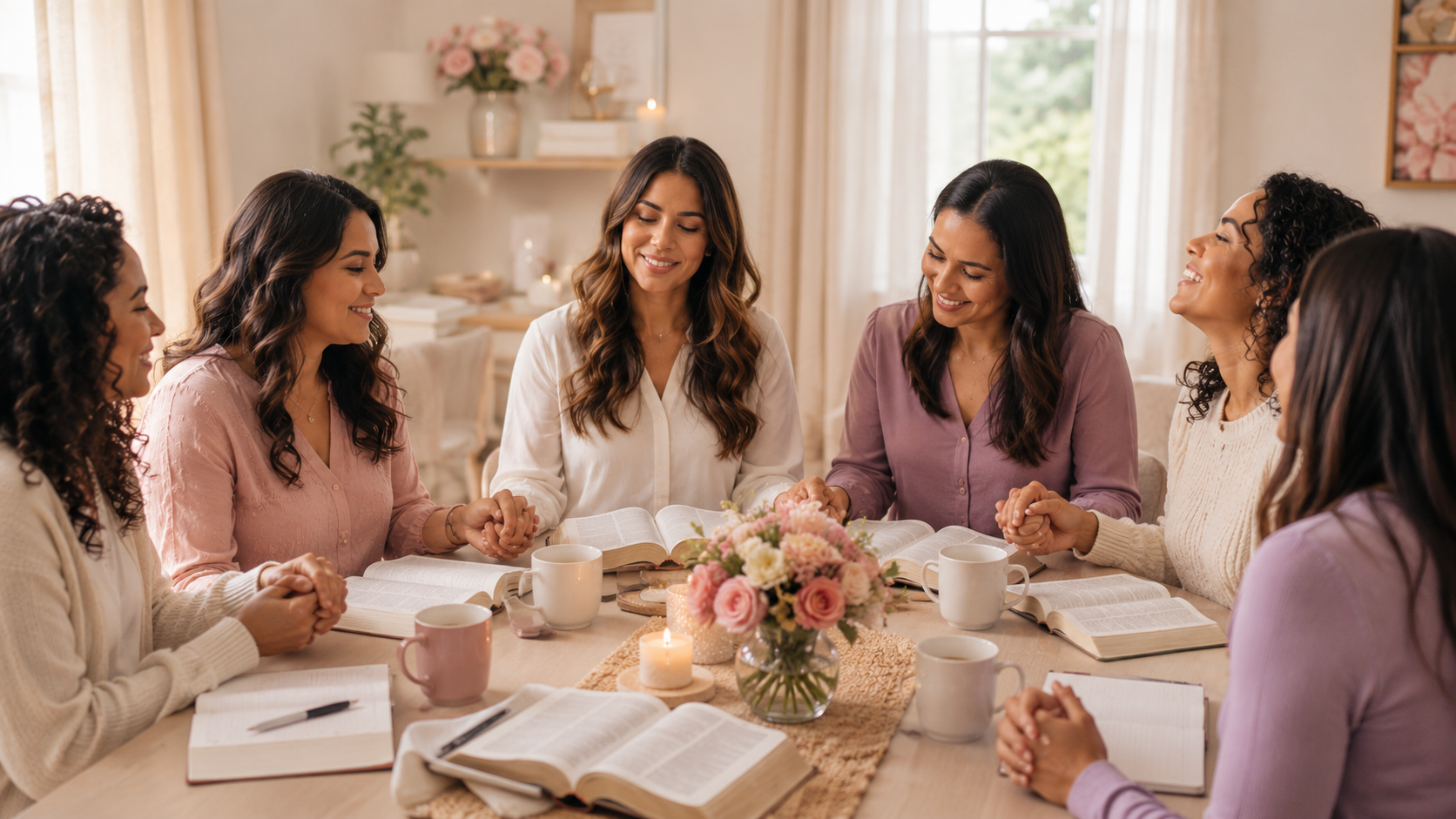 Comunidade de mulheres cristãs orando e estudando juntas